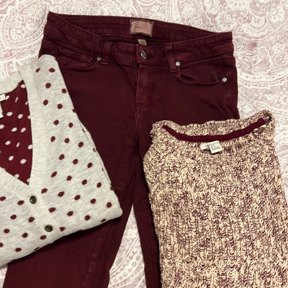 Paige size 26 skinny jeans, deep burgundy, EUC; bonus Cardigan and pullover